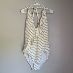Ralph Lauren Shaping Halter One Piece Swimsuit Gold And White Sz 16 NWT
